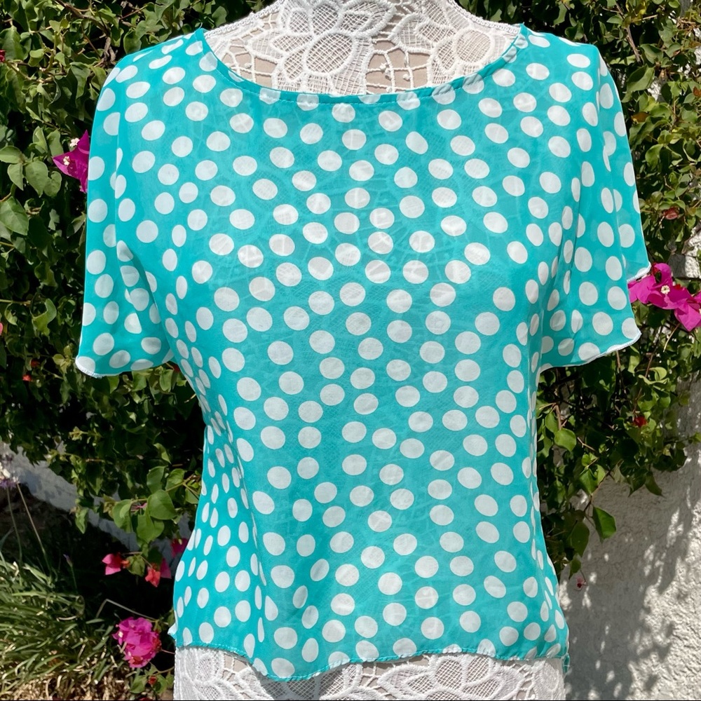 Lashes Sheer Aqua Blue Blouse w/White Polka Dots & Tie in Back